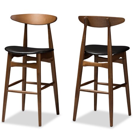 Baxton Studio Flora Black Faux Leather Upholstered Walnut Finished Bar Stool, PK2 144-8074